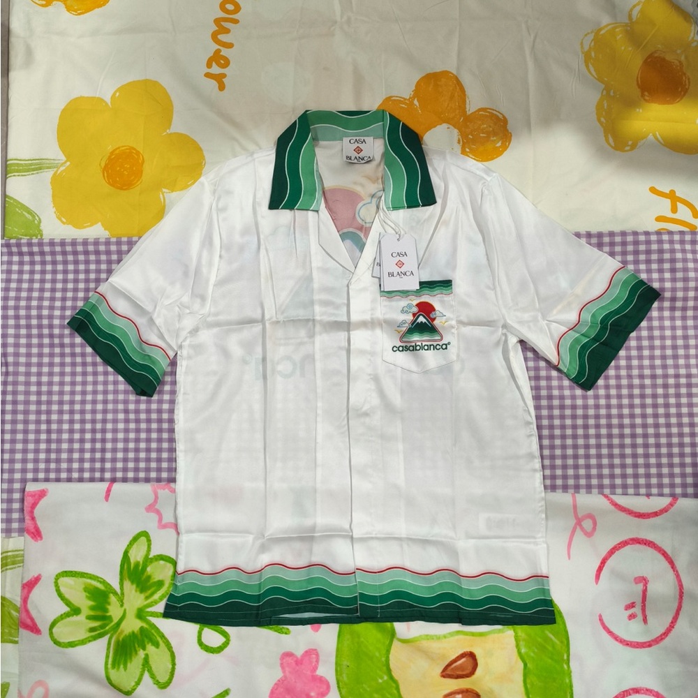 Casa Blanca Men's White Short Sleeve Button-Down Shirt with Green Accents